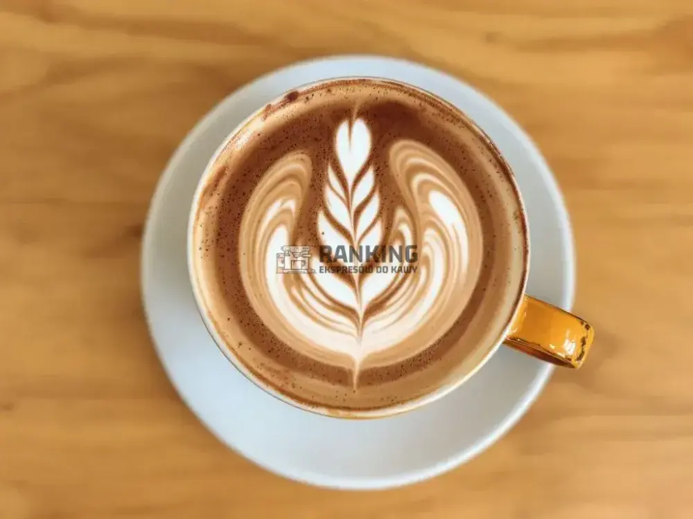 Filiżanka kawy z latte art przedstawiającym uśmiechniętą pandę, otoczoną kakaowym wzorem. W tle ręce trzymające filiżankę i rozsypane ziarna kawy na drewnianym stole.