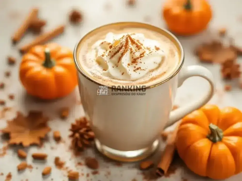 Filiżanka pumpkin spice latte z bitą śmietaną i posypką przyprawową, otoczona dyniami, laskami cynamonu i ozdobnymi liśćmi.