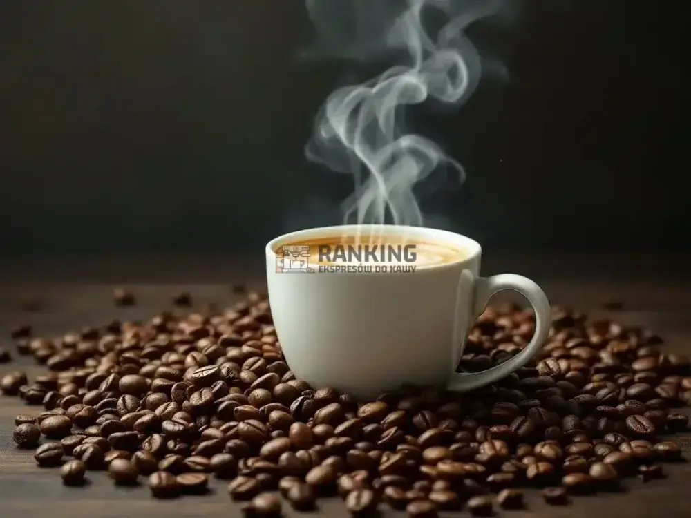 Filiżanka parującej kawy latte, otoczona ziarnami kawy, ustawiona na drewnianym blacie. Z filiżanki unosi się para, a tło jest ciemne.