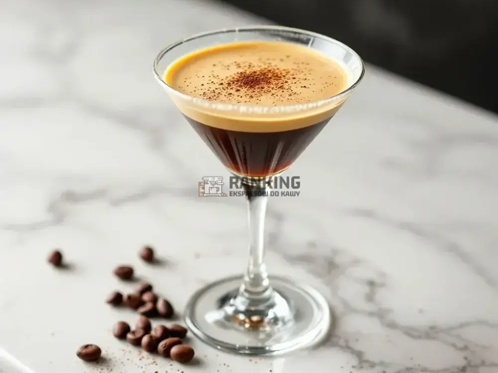 Koktajl Espresso Martini w przezroczystym kieliszku na marmurowym blacie. Na powierzchni koktajlu znajduje się kremowa pianka z delikatnym kakao, a obok kieliszka rozsypane są ziarna kawy.