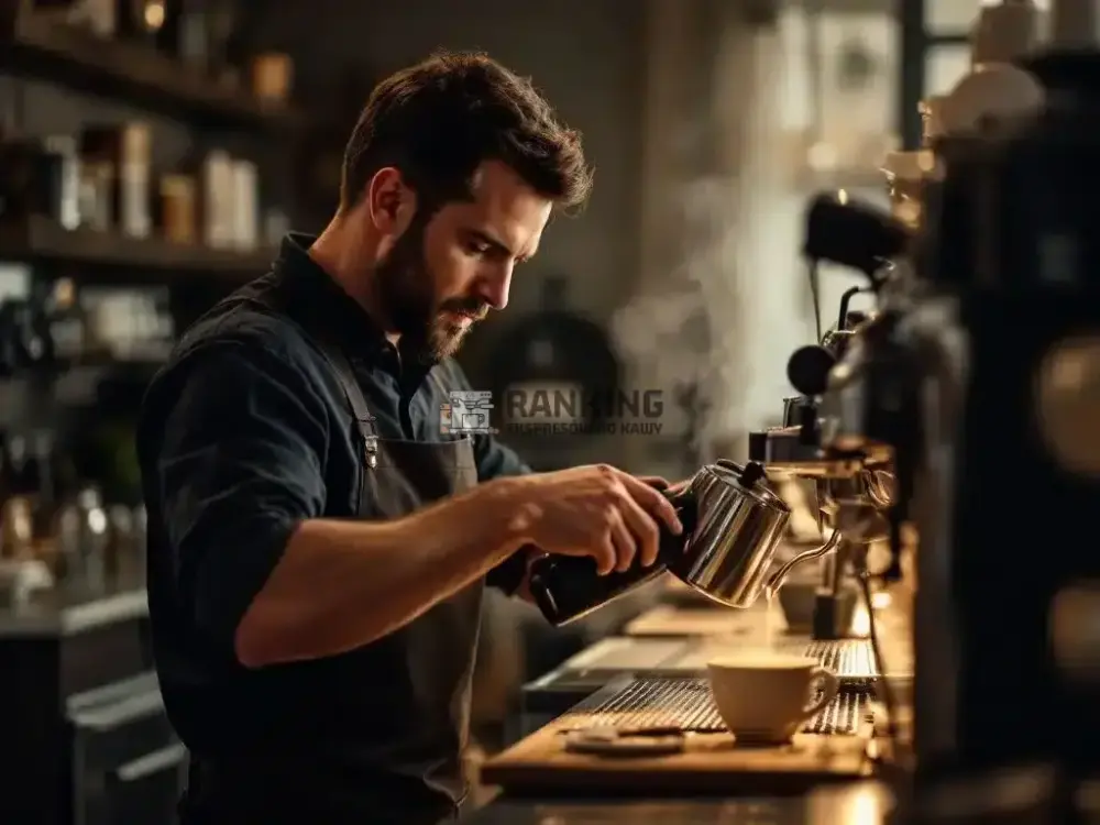 Barista w czarnej koszuli i fartuchu nalewający kawę do filiżanki przy profesjonalnym ekspresie do kawy w kawiarni. W tle widać półki z produktami oraz przytulne oświetlenie.