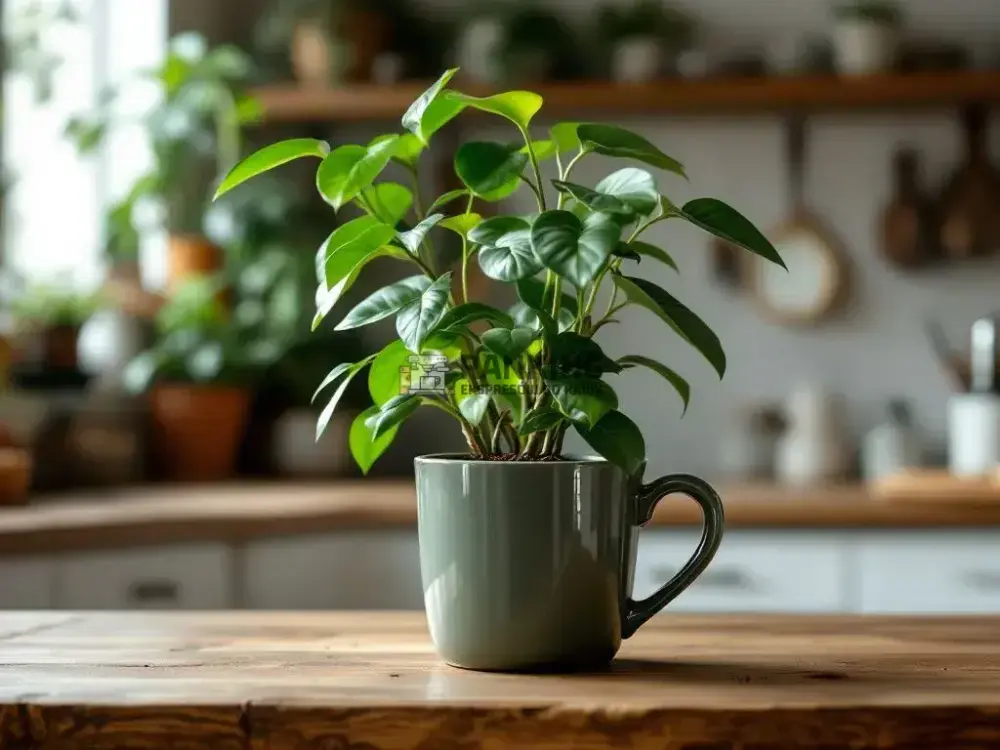 Zielona roślina w ceramicznej filiżance ustawiona na drewnianym blacie w jasnym, przytulnym wnętrzu.