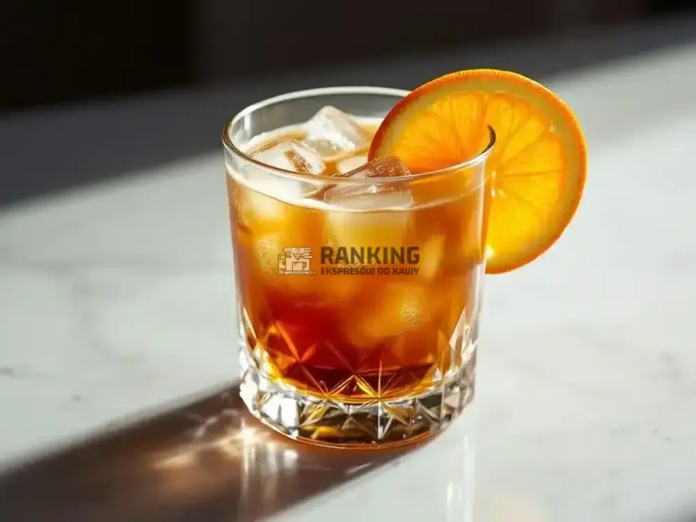 Szklanka orange espresso z kostkami lodu, ozdobiona plasterkiem pomarańczy, ustawiona na jasnym tle.