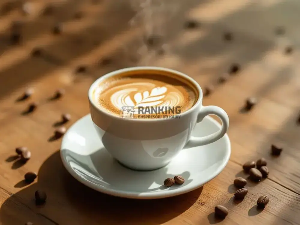  Filiżanka kawy z piękną latte art w kształcie listka na powierzchni, otoczona ziarnami kawy na jasnym, drewnianym stole oświetlonym naturalnym światłem.
