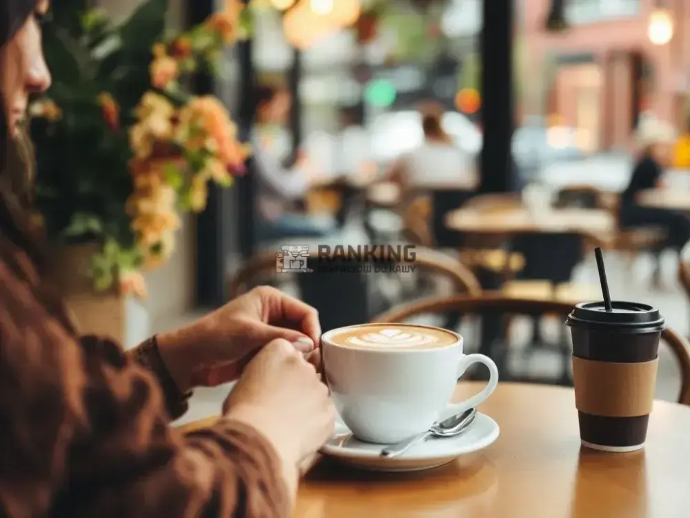 Osoba w kawiarni, trzymająca filiżankę cappuccino z delikatnym wzorem na mlecznej piance, obok kubka na wynos.
