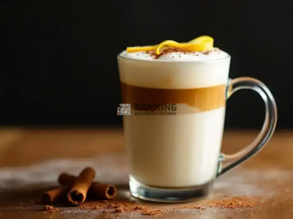 Szklanka kawy barraquito z warstwami mleka i kawy, ozdobiona kawałkiem cytryny na piance. Obok szklanki leżą laski cynamonu oraz rozsypany proszek kakaowy na stole.
