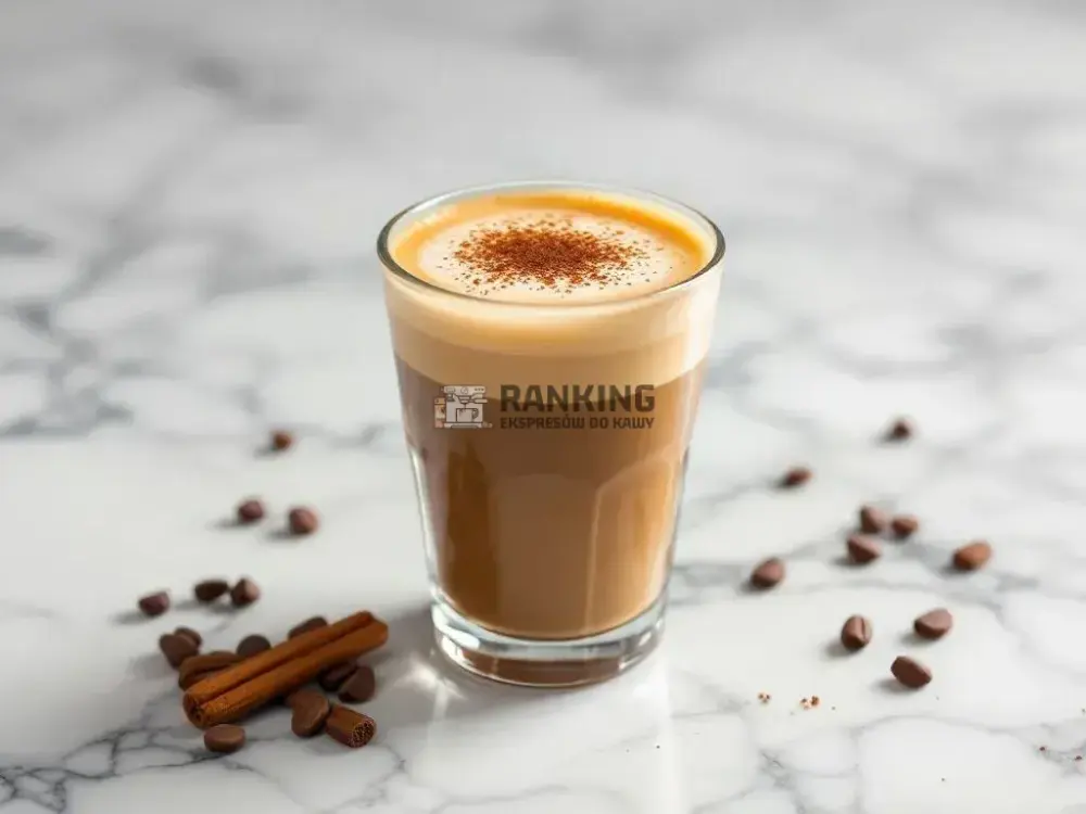 Szklanka latte macchiato podana na marmurowym blacie, z kremową pianką posypaną cynamonem. Wokół rozłożone są ziarna kawy i laski cynamonu.
