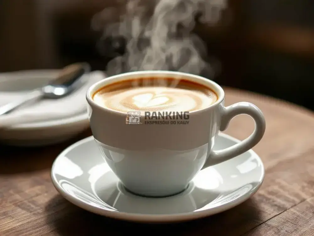 Filiżanka cappuccino podana na drewnianym stole, z subtelnym wzorem latte art na powierzchni. Nad kawą unosi się delikatna para, podkreślając jej świeżość. W tle widoczna łyżeczka i talerzyk.